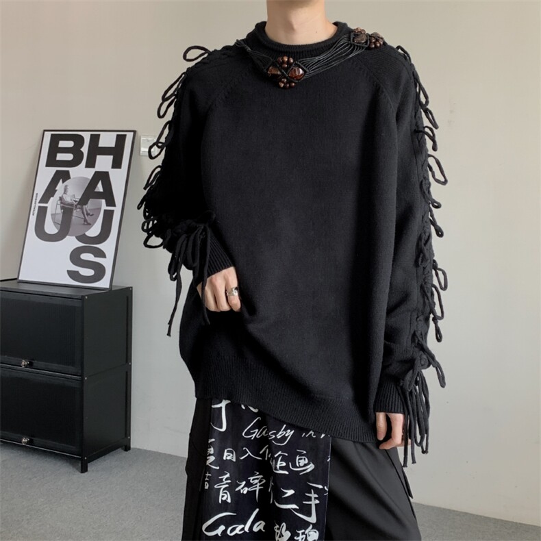 新中式流苏设计圆领针织衫毛衣男慵懒软糯纯色毛衫大码小众打底衫图片