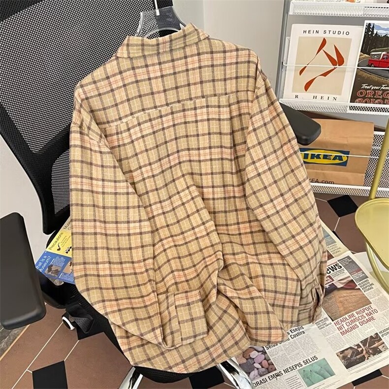 美式vintage复古格纹衬衫男女基础款长袖衬衣高级感外套6001/P48,男装衬衫,星座506
