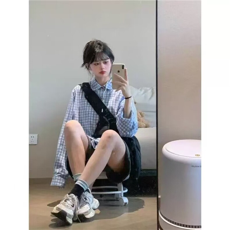 日系轻奢感格子衬衫外搭女春秋2025新款宽松休闲设计感小众长袖潮,男装衬衫,星座1210-1