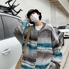 彩色条纹撞色开衫毛衣男女慵懒圆领宽松休闲情侣针织外套SW7310，男装针织衫/毛衣，星座516A