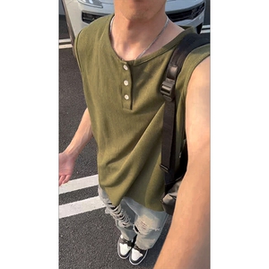 重磅复古亨利领背心男款夏季户外运动健身透气无袖T恤内搭打底衫图片