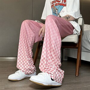 B221 2023夏装情侣男女款渐变色棋盘格冰丝裤拖地长裤LK22025-P50图片