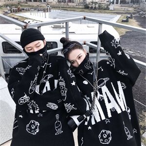 满印宇宙太空外星人秋冬高领毛衣韩版宽松情侣针织衫T010-P75图片
