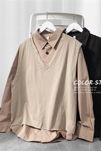 703-C215  秋季针织拼接假两件衬衫简约休闲长袖图片