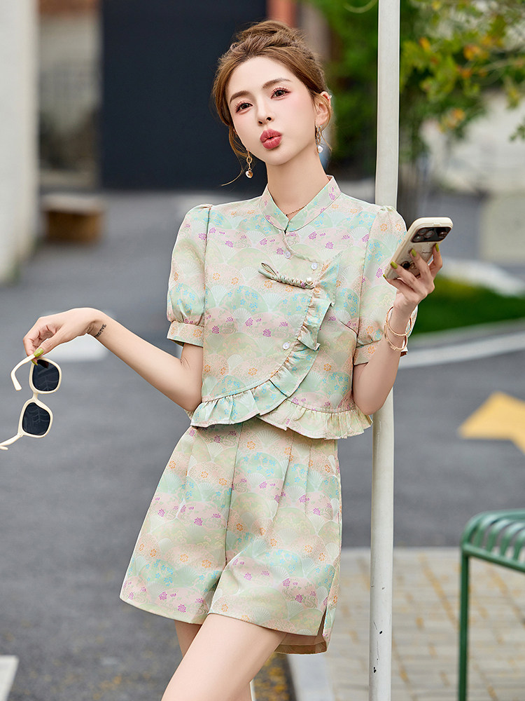 2025年新款木耳边新中式短裤套装女夏改良旗袍气质两件套,女装套装/套裙,橙子家