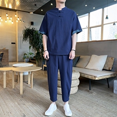 风休闲九分裤套装男夏季亚麻复古男装棉麻两件套TZ991-P65，男装套装，星座217-4