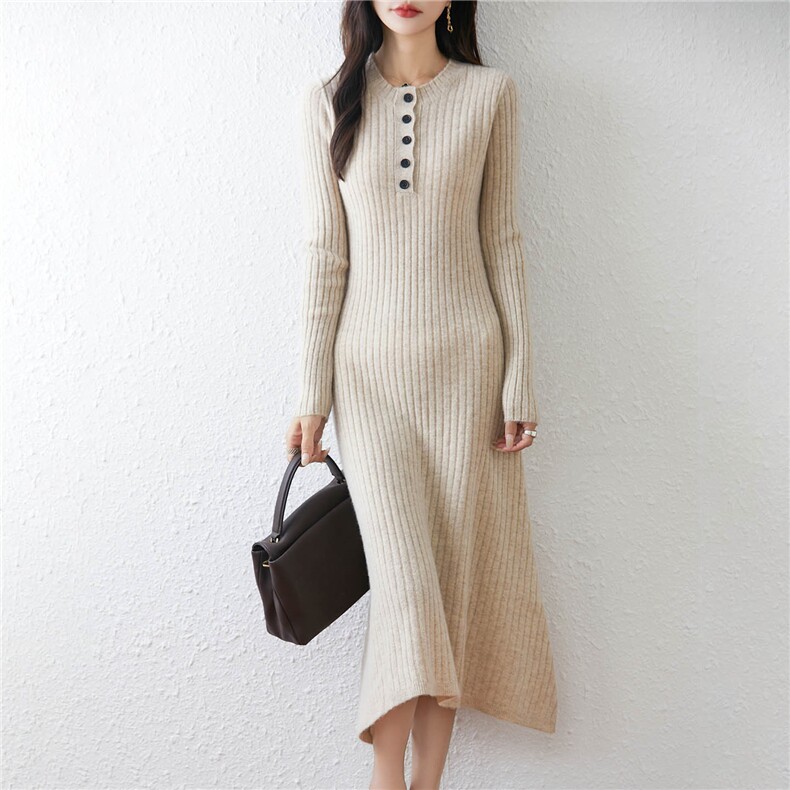 2025年秋季中长款休闲风长袖圆领时尚百搭通勤连衣裙，女装连衣裙，绒汀羊绒