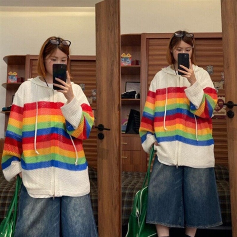 美式撞色镂空连帽针织开衫男女夏季防晒罩衫多巴胺春秋情侣衬衫,男装衬衫,星座506A