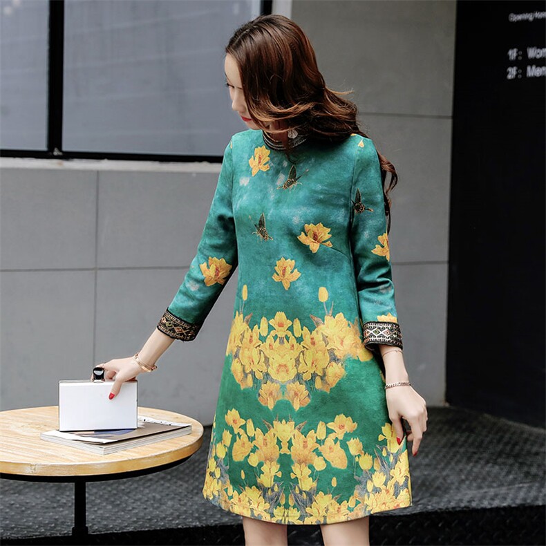 2024春季韩版百搭甜美时尚长袖花色圆领显瘦修身连衣裙,女装连衣裙,天丝秀