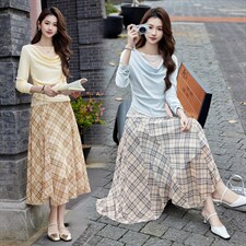 现货2026年春季女新款通用时尚气质优雅针织上衣格子连衣裙两件套图片