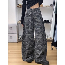 美式复古迷彩灰牛仔裤女秋季新款vibe潮牌痞帅宽松直筒阔腿长裤子，男装牛仔裤，星座1210-1