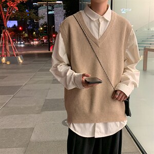 M3109-P68秋冬港风针织衫毛衣男女情侣宽松外穿无袖马甲背心控78，男装背心/马甲，电商A009A（原A058A）
