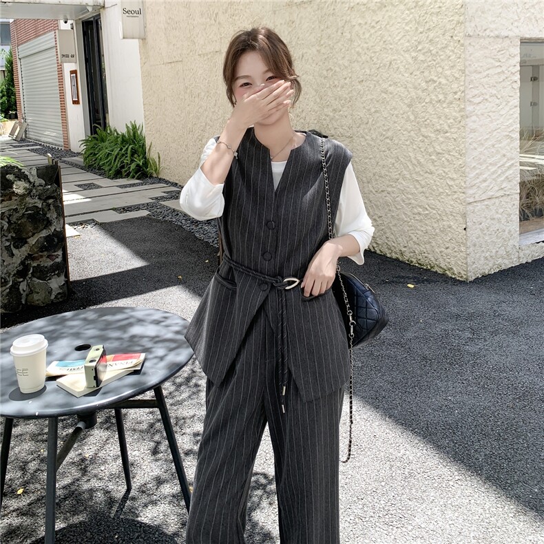 灰色条纹西装马甲套装裤2025新款女秋老钱风好韩系chic别致三件套,女装套装/套裙,2C262