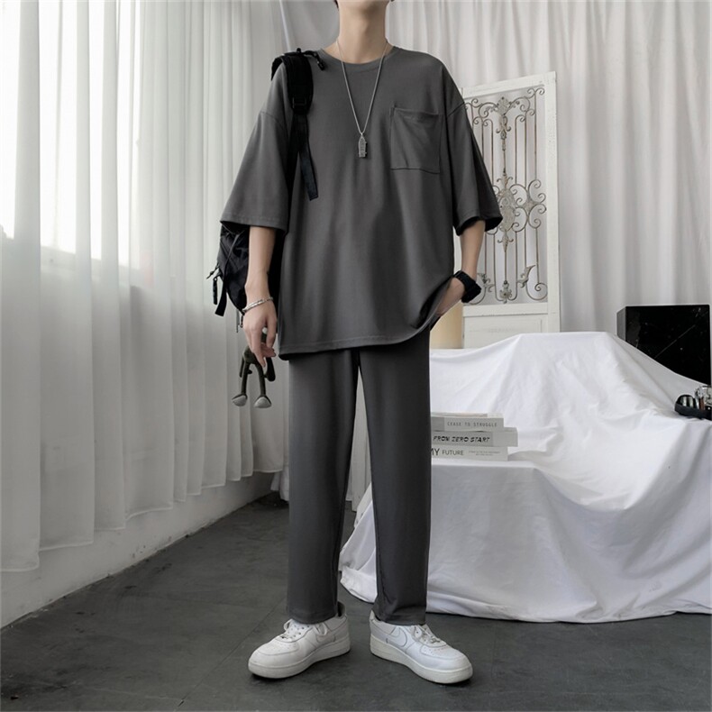 2023夏装圆领短袖t恤九分裤冰丝套装男大码休闲套装 TZ28P65 深灰图片