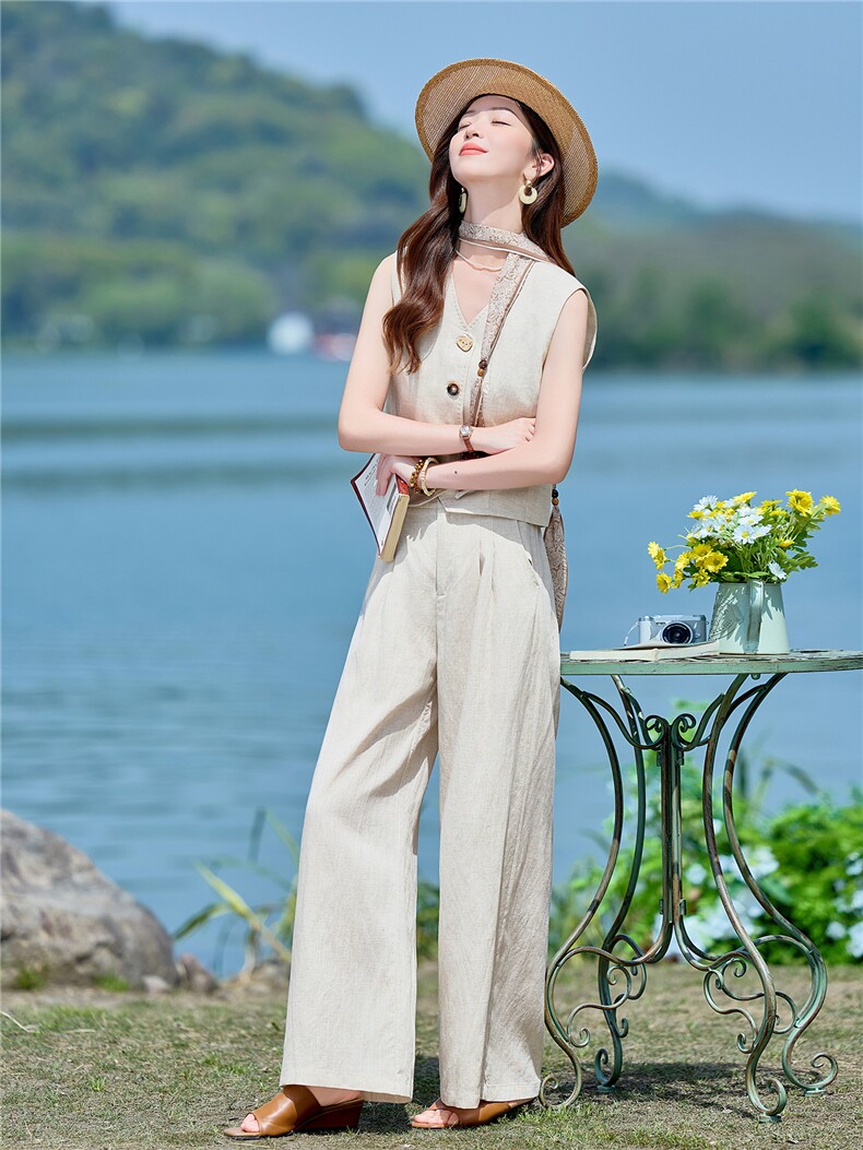 2026年夏季无袖亚麻马甲阔腿裤显瘦两件套套裤,女装套装/套裙,E百度