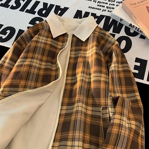 美式复古两面穿格子夹克男潮牌痞帅飞行员宽松休闲棒球服外套图片
