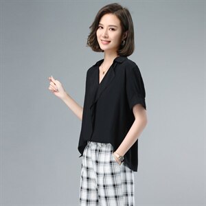 2021夏季新款简约时尚气质减龄翻领个性侧摆开叉休闲舒适上衣图片