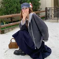 现货新款秋冬新款针织连帽拼接长袖羊绒外套女短款双面羊绒大衣潮，女装毛呢外套，韩然一族