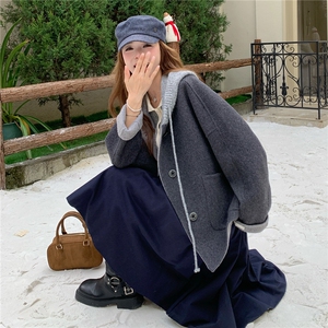 现货新款秋冬新款针织连帽拼接长袖羊绒外套女短款双面羊绒大衣潮图片