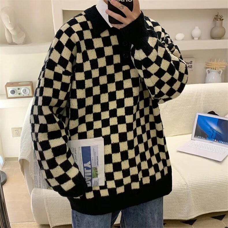 棋盘格毛衣男女针织衫秋冬季ins日系复古POLO领M191P45图片