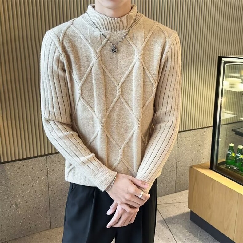菱形格纯色长袖毛衣男潮牌冬季内搭针织衫男士韩版修身打底衫,男装T恤,星座506A