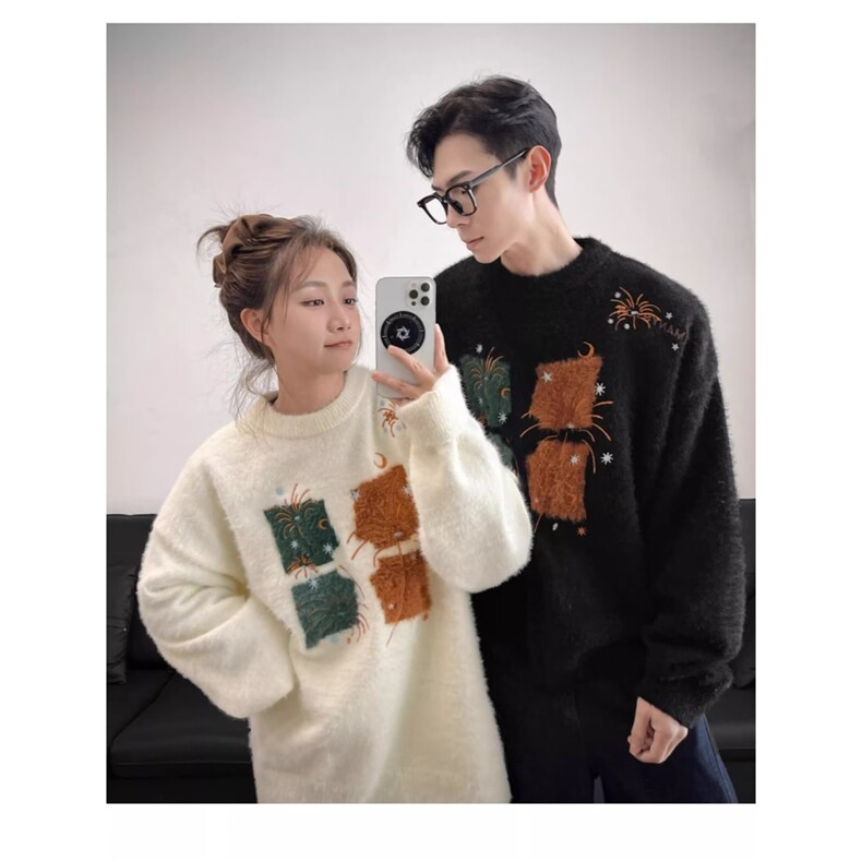 潮流新款美式复古毛衣女秋冬款重工刺绣加厚慵懒风宽松外套文艺,男装针织衫/毛衣,星座715-4