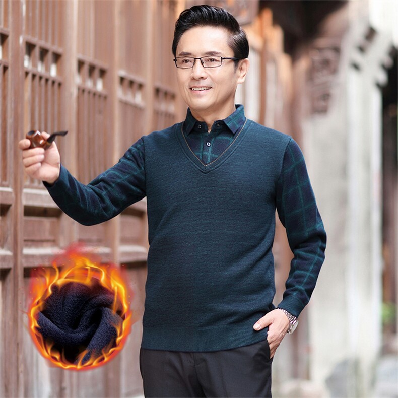 针织衫男加绒加厚假两件新款秋冬季衬衫领打底长袖t恤保暖格子衫图片