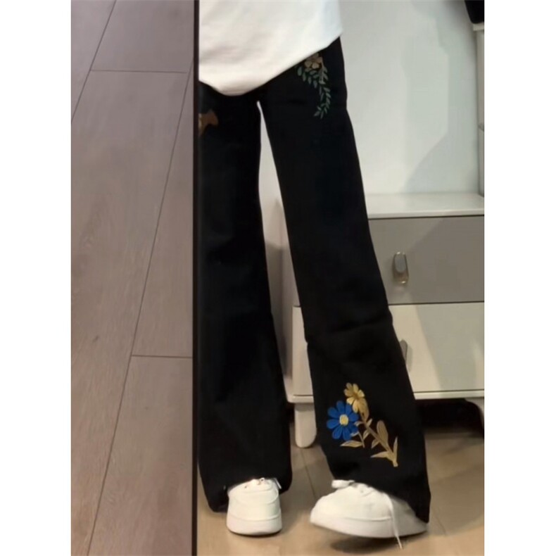 美式高街花朵印花刺绣牛仔裤男女春秋设计感弯刀裤重磅痞帅直筒裤,男装牛仔裤,星座601-1