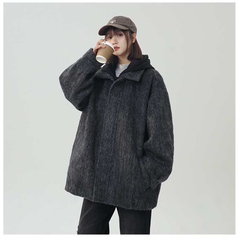 冬季加棉加厚阿尔巴卡呢子带帽宽松中性港风男女外套M897-P138图片