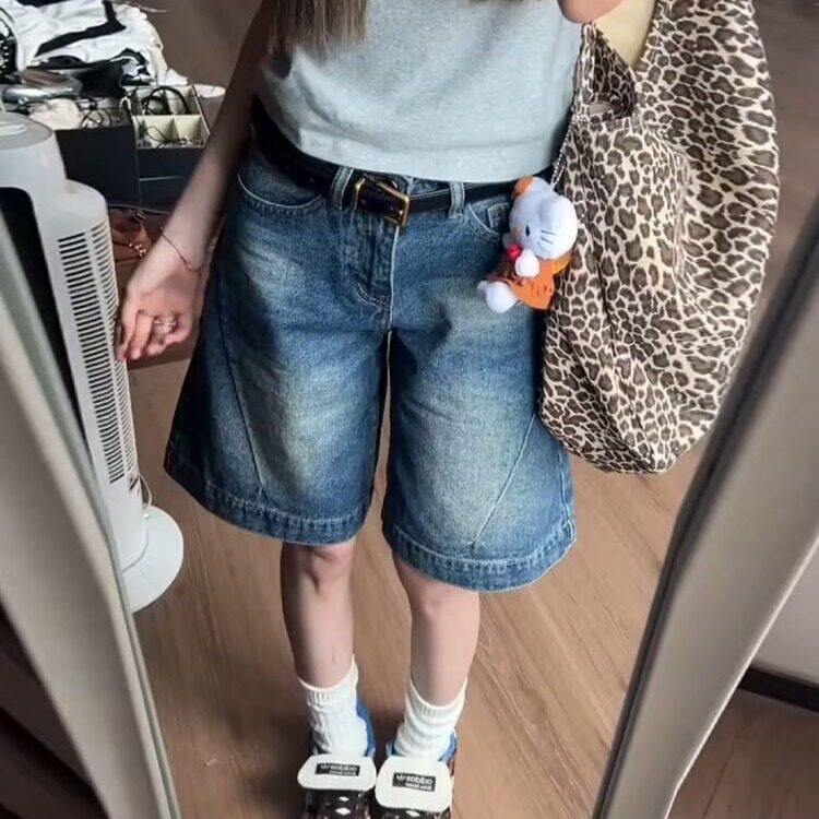 大码五分牛仔短裤女夏季薄款胖宽松小个子阔腿低腰显瘦直筒中裤,男装牛仔裤,星座1210-1