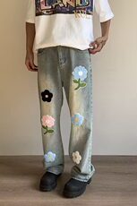 美式高街花朵刺绣微喇牛仔裤宽松直筒休闲水洗设计感长裤NKK10P55，男装牛仔裤，电商D256-2(原A064-2)