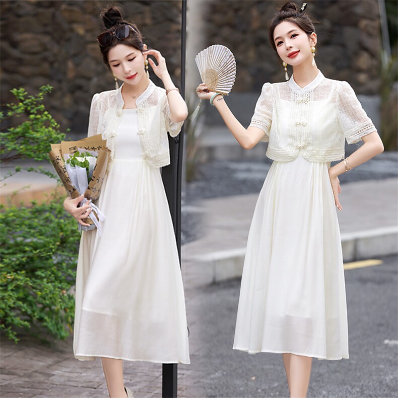 白色小香风连衣裙女2026夏季新款温柔风洋气减龄盘扣裙子，女装连衣裙，兰菲阁