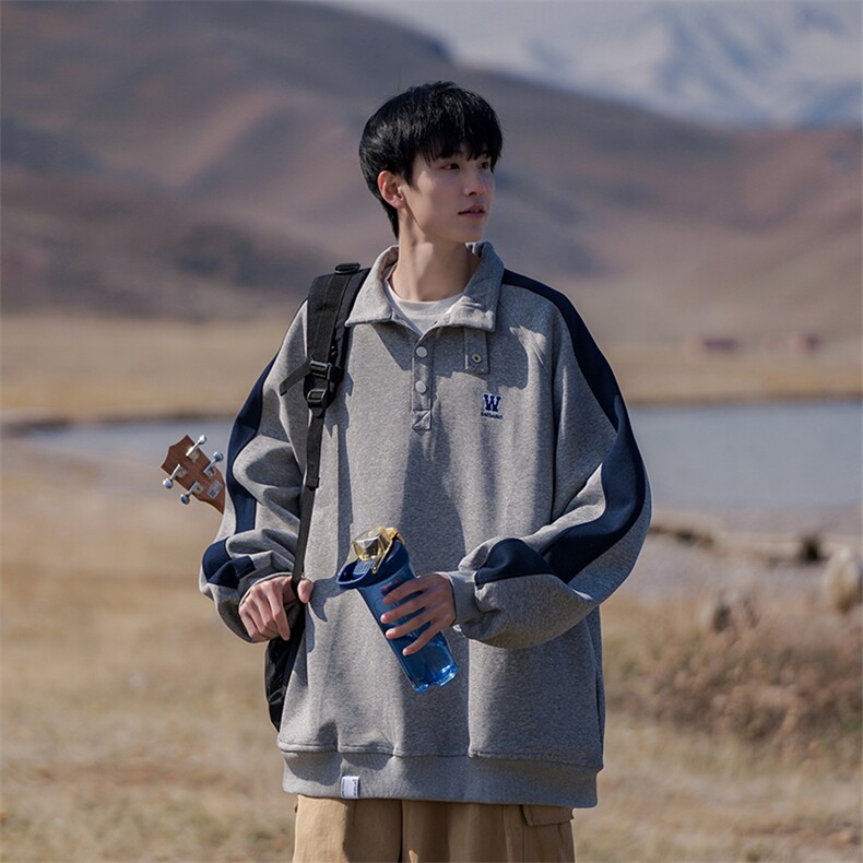 B225-A6440-P71-X89---复古拼接立领卫衣-聚酯纤维-现货,男装卫衣,电商B225