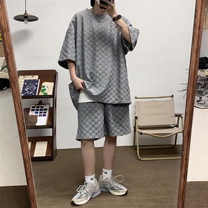 TZ84647/P60夏季新款格子短袖短裤t恤休闲宽松大码两件套套装男图片