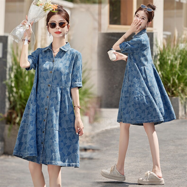 【现货】牛仔提花连衣裙女polo领直筒梨形宽松休闲遮肉显瘦法式裙，女装连衣裙，梦懿尔