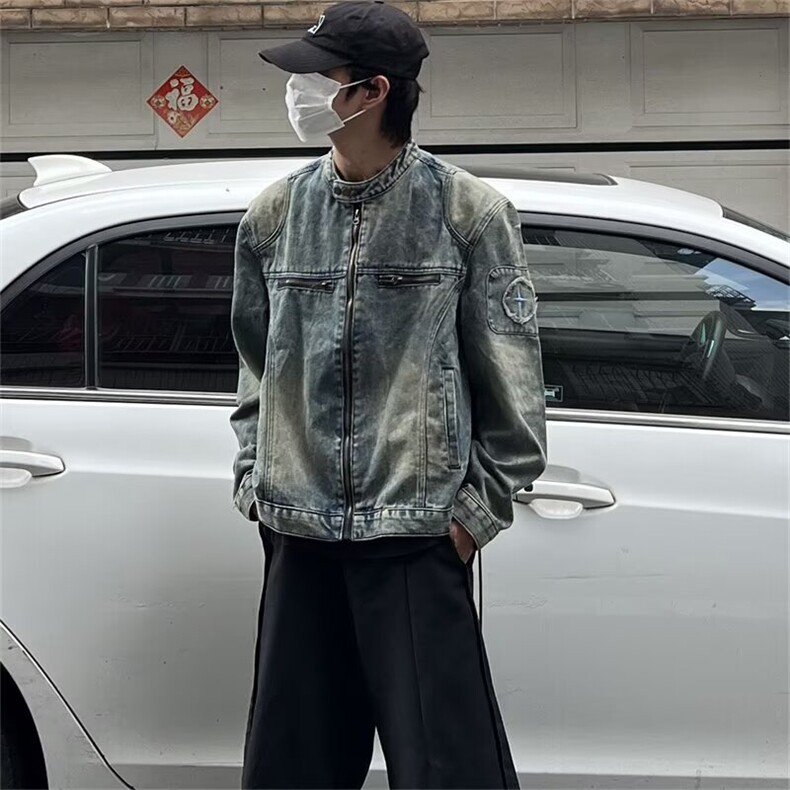 复古做旧扎染立领刺绣机车垫肩夹克牛仔外套男914-4-N1232P75,男装工装外套,星座914-4