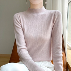 精纺天丝羊毛半高领针织打底衫女24秋冬长袖薄款毛衣时尚修身内搭，女装羊毛衫，越洋羊