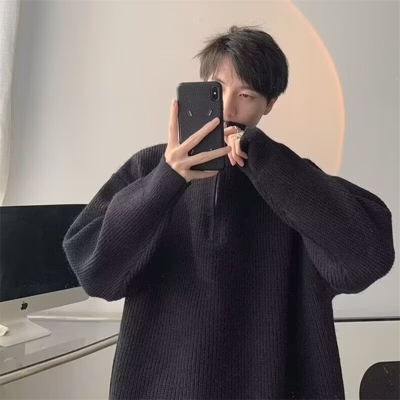 M16-P42韩版小众纯色立领半拉链毛衣男秋冬美式宽松慵懒风翻领,男装针织衫/毛衣,电商B323A