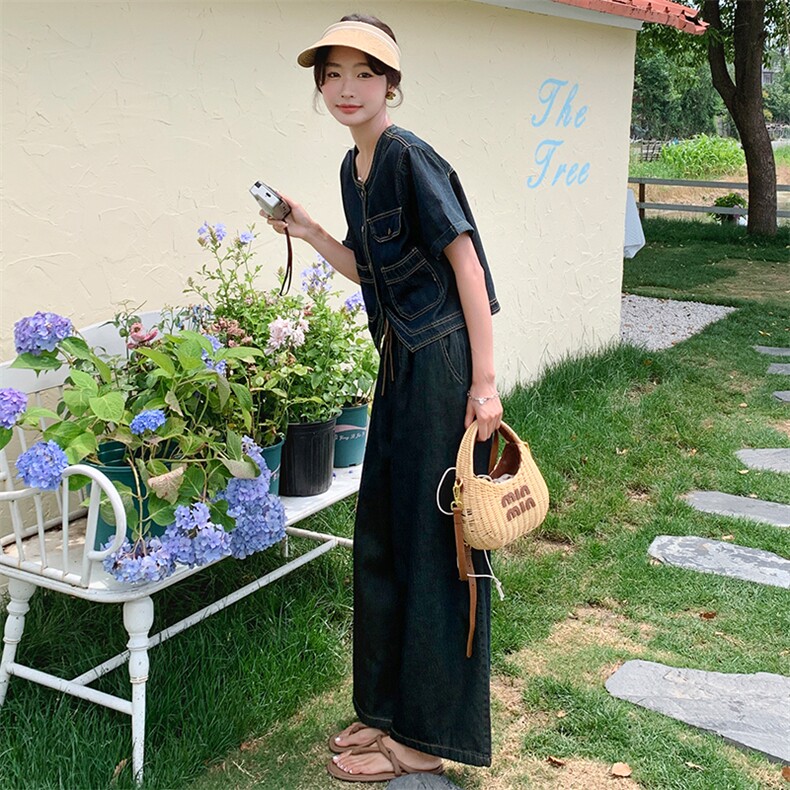 时尚复古牛仔套装女夏季2024新款短外套阔腿裤气质显瘦休闲两件套,女装套装/套裙,浙宝305
