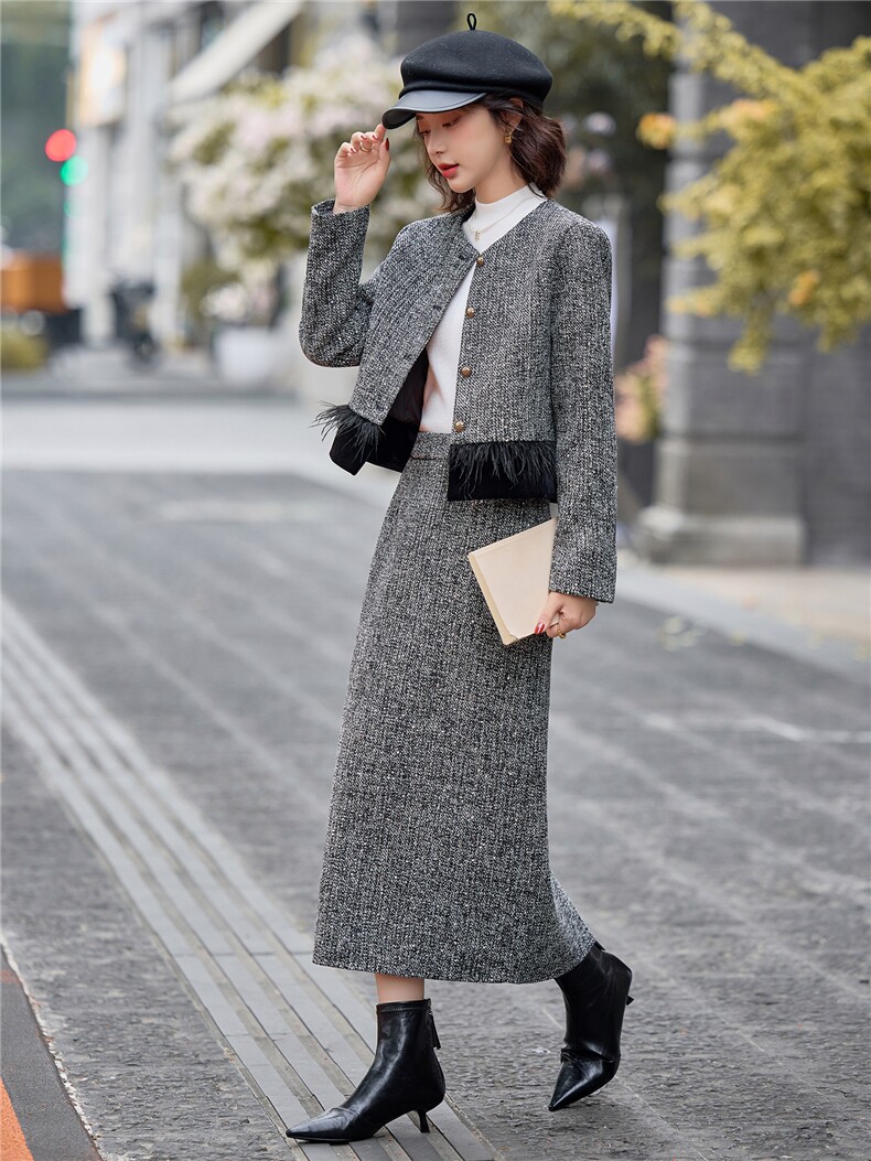 现货！重工烫钻小香风套装裙女2025秋冬新款轻奢外套半身裙两件套,女装套装/套裙,魅影