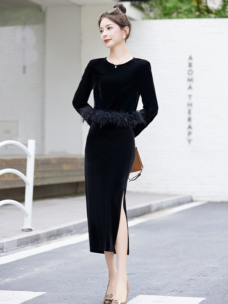黑色金丝绒套装女高端女人味2024新款早秋丝绒包臀半身裙两件套,女装套装/套裙,布芭啦