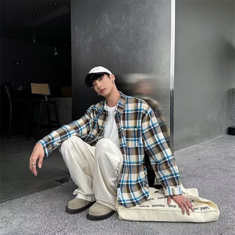 1506/QC520/P44复古长袖格子衬衫男2026新款秋季休闲衬衣,男装衬衫,星座1506