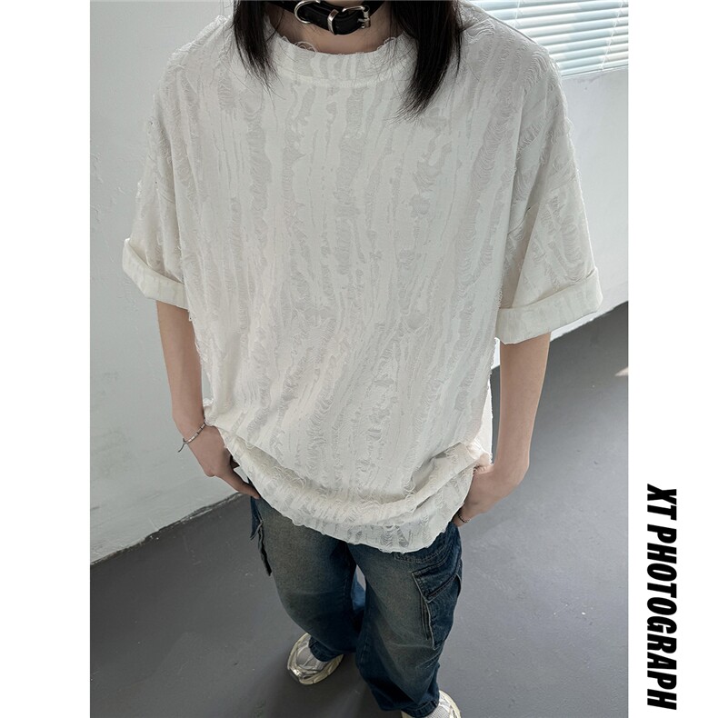 主推高质量夏季破洞短袖重磅情侣t恤女设计感中性上衣D247P30,男装T恤,电商A335-1（原A458）