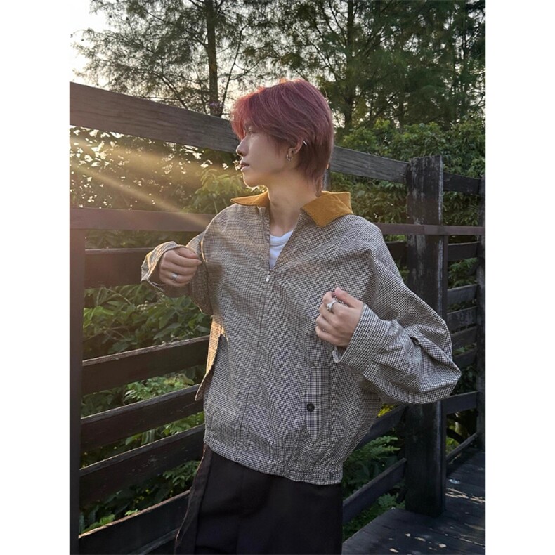 千鸟格哈灵顿夹克男秋季高级感短款外套潮牌老钱风cleanfit棒球服,男装夹克,星座908-1