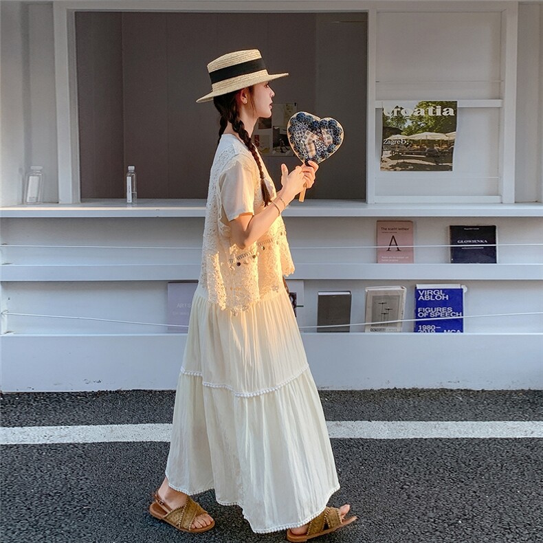 度假风甜美套装裙女2025夏季新款小个子T恤蕾丝马甲半身裙三件套,女装套装/套裙,维壹
