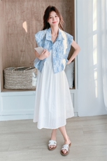 温柔风蕾丝马甲吊带裙套装女2025年夏季新款韩系减龄连衣裙两件套，女装连衣裙，2D009