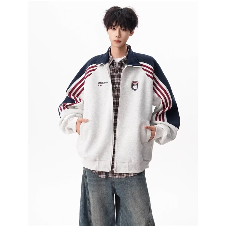 港风秋款男卫衣开衫三条杠条纹撞色印花运动夹克外套WY0052 P45图片