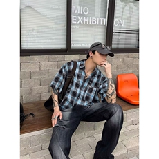 格子短袖衬衫男夏季日系复古休闲五分袖衬衣外套C5009，男装衬衫，星座1116A（原606A-3）