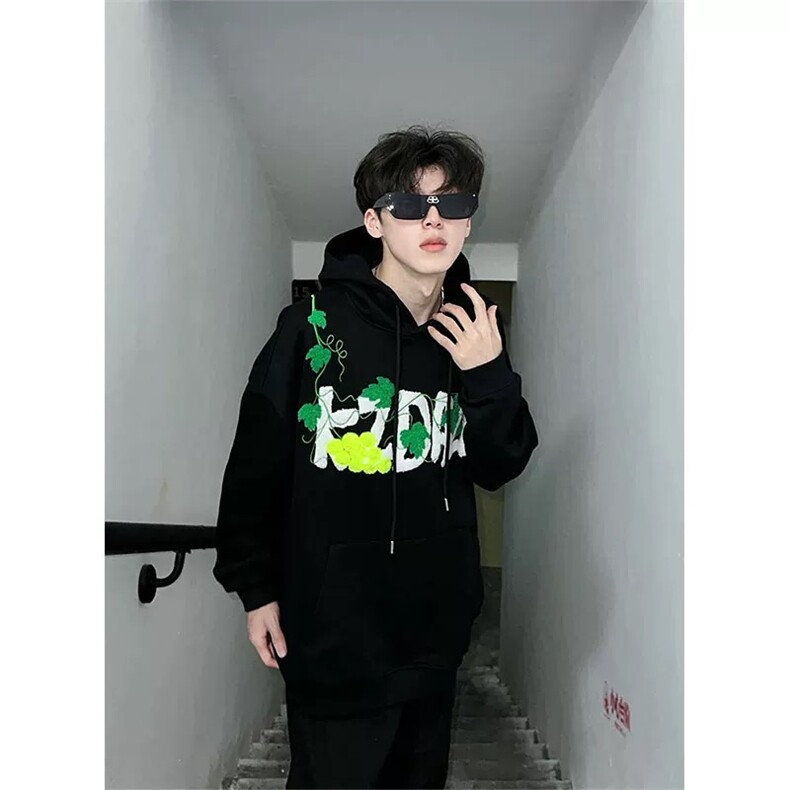 706-1-WY888-P75加绒P85秋季港风葡萄刺绣网球毛巾绣连帽卫衣,男装卫衣,星座706-1