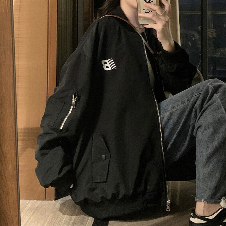 美式高街棒球服女春秋新款教练飞行员夹克宽松情侣外套潮C709-85图片